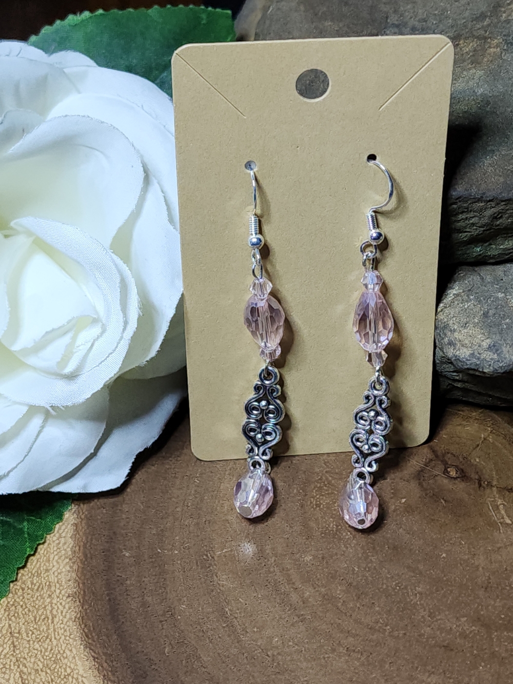 Hand Crafted Pink Crystal Filigree Dangle Earrings